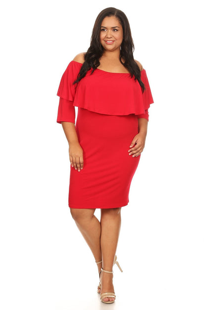 Plus Size Off Shoulder Ruffle Knee Bodycon Dress Made in USA