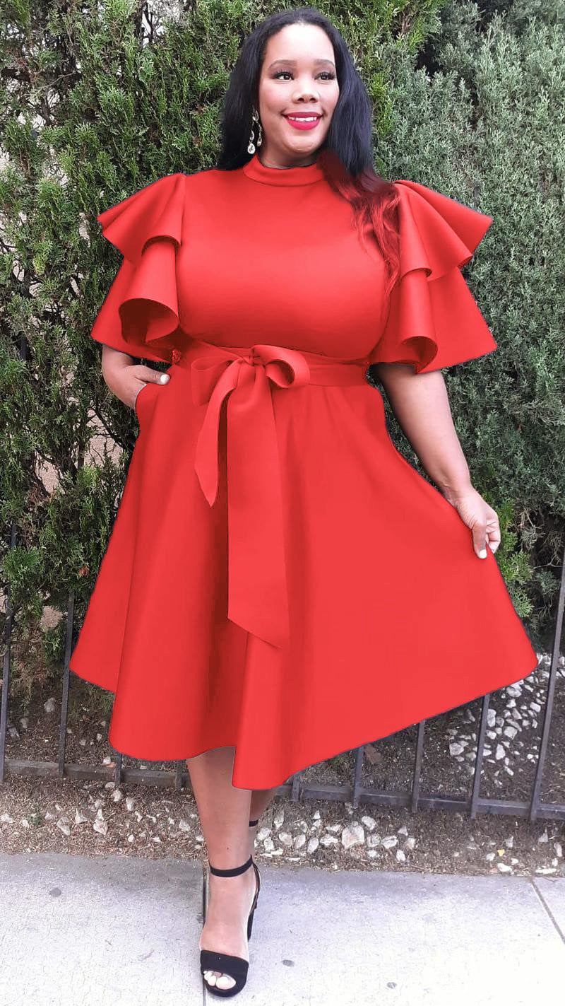 2862 Plus Size Extravagant Fit and Flare Midi Dress With Belt