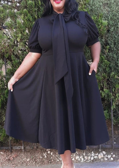 Hi Curvy Plus Size Bow Collar Fit & Flare Midi Dress