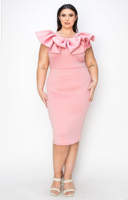 Plus Size Ruffled Neck Detail Sleeveless Midi Bodycon Dress