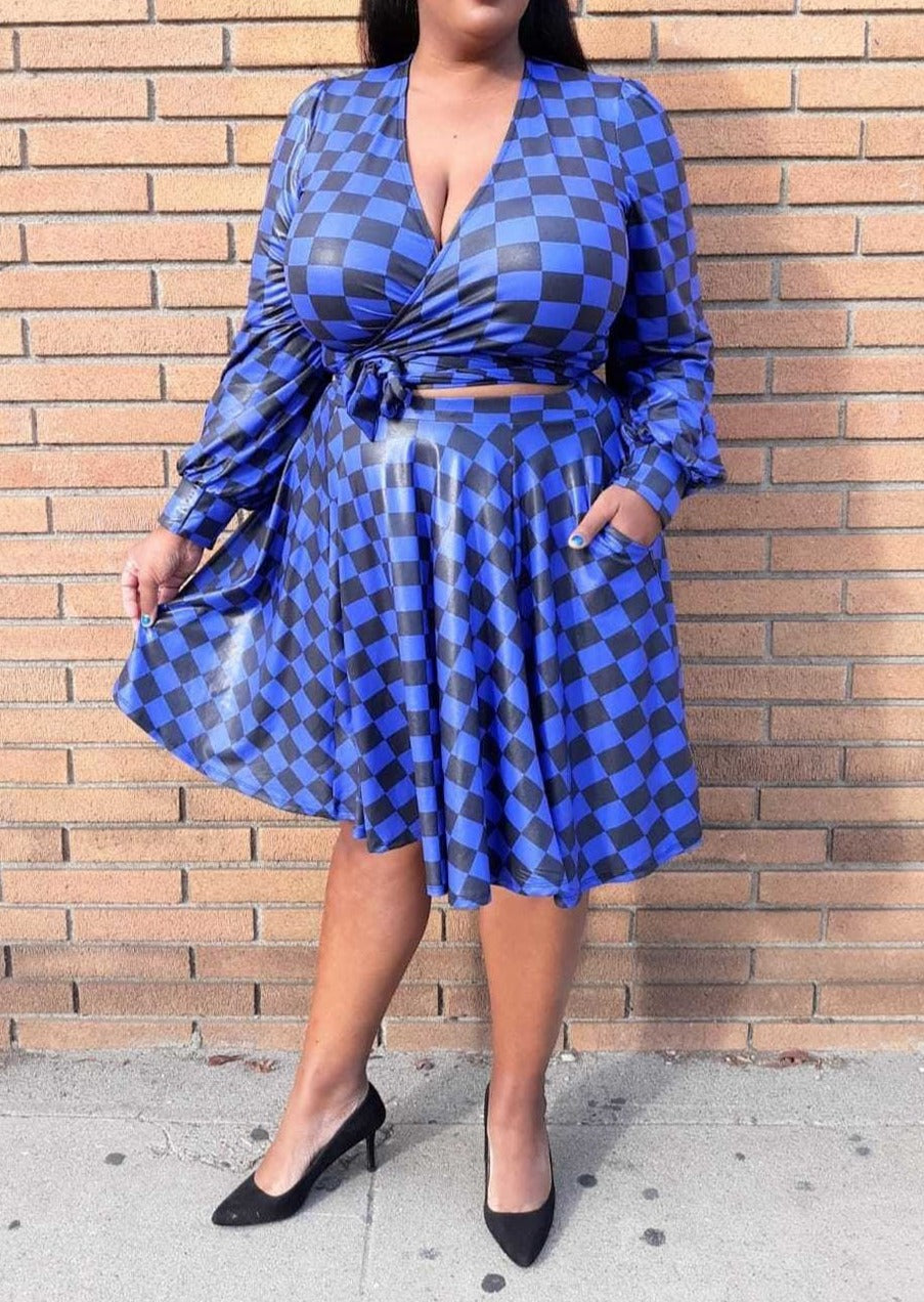 Hi Curvy Plus Size Checkered Print Wrap Top &amp; Pleated Skirt Set