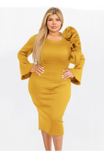 Plus Size Bell Sleeves Ruffed Shoulder with Flower Detail Bodycon Dress