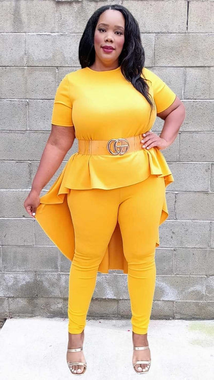 Plus Size Round Neck Short Sleeve Back pleated Top and Pants Set