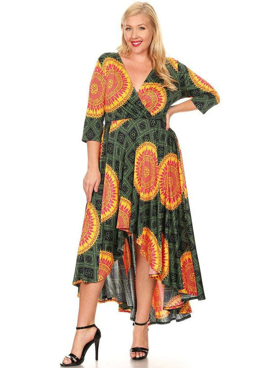 Plus Size Women Mixed Mandala Printed Waist tie Hi-Low Flare Maxi Dress