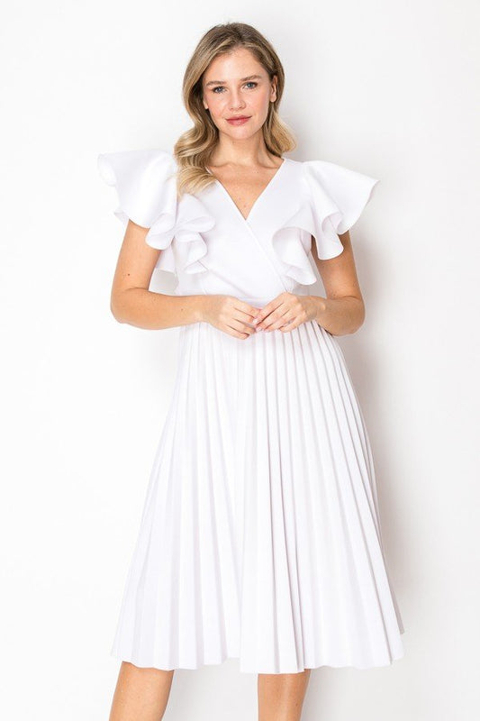 2923 Women Fluffy Shoulder Wrap Neck Knee Pleated Dress