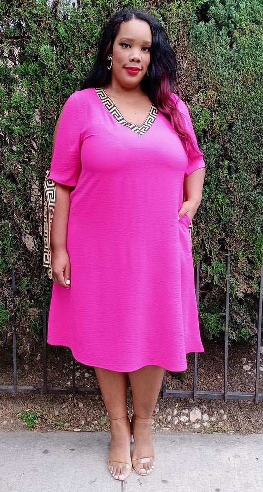 2866 Plus Size V-Neck Geometric Trim Elegance Cold Shoulder Knee Dress