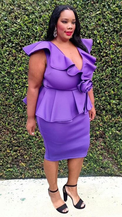 2899 Plus Size Ruffed Hem Wrap Front Flower Design Peplum Dress