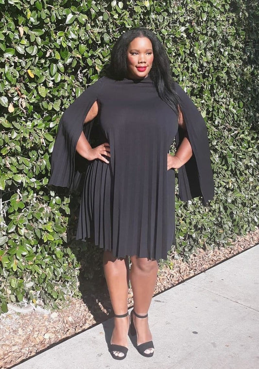 2406SO Plus Size Cape Sleeve Keyhole Back Pleated Knee Dress