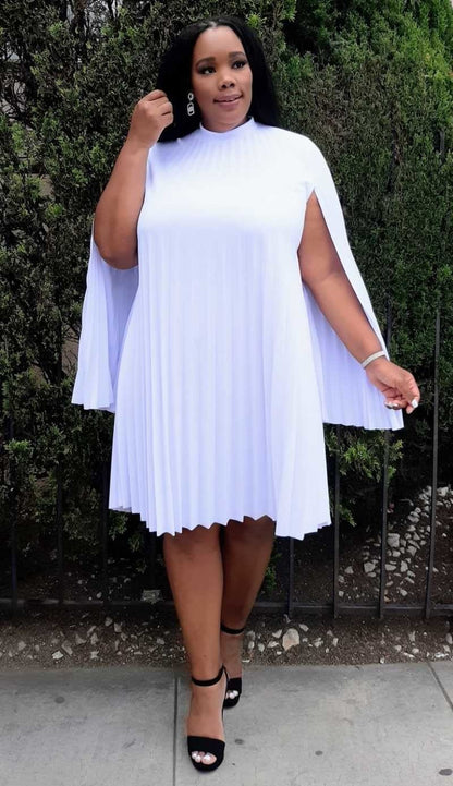 Plus Size Cape Sleeve Keyhole Back Pleated Knee Dress