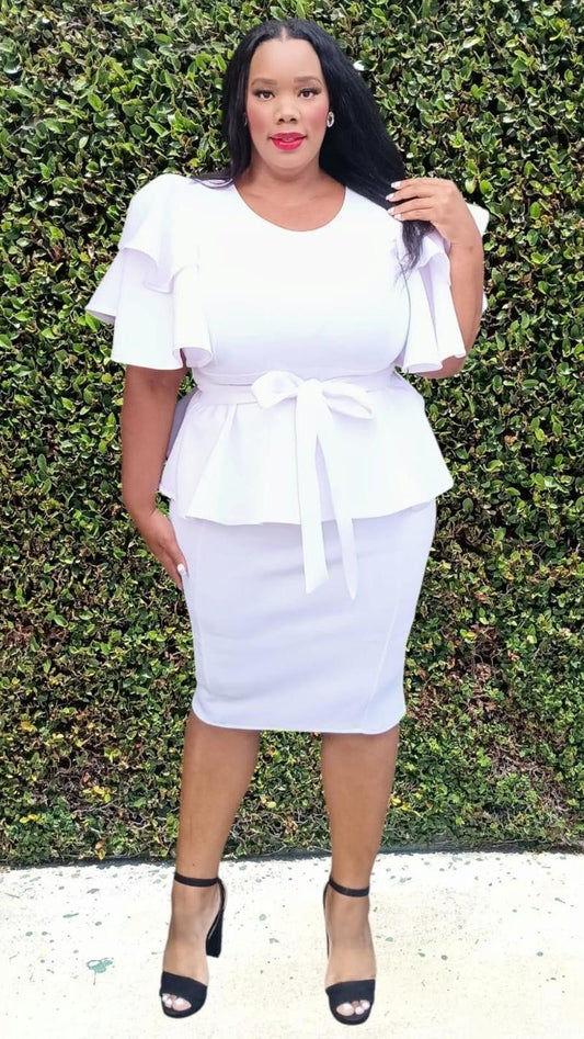 3001-SET Plus Size Ruffle sleeves Ruff Hem Skirts Set With Belt