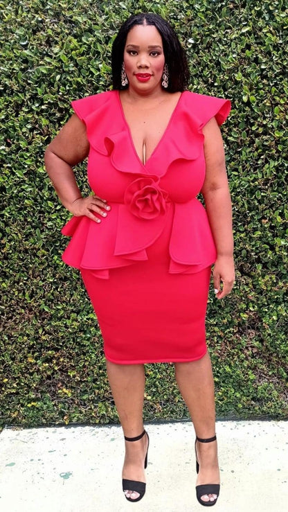 2899 Plus Size Ruffed Hem Wrap Front Flower Design Peplum Dress