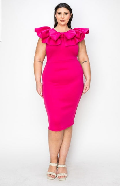 Plus Size Ruffled Neck Detail Sleeveless Midi Bodycon Dress