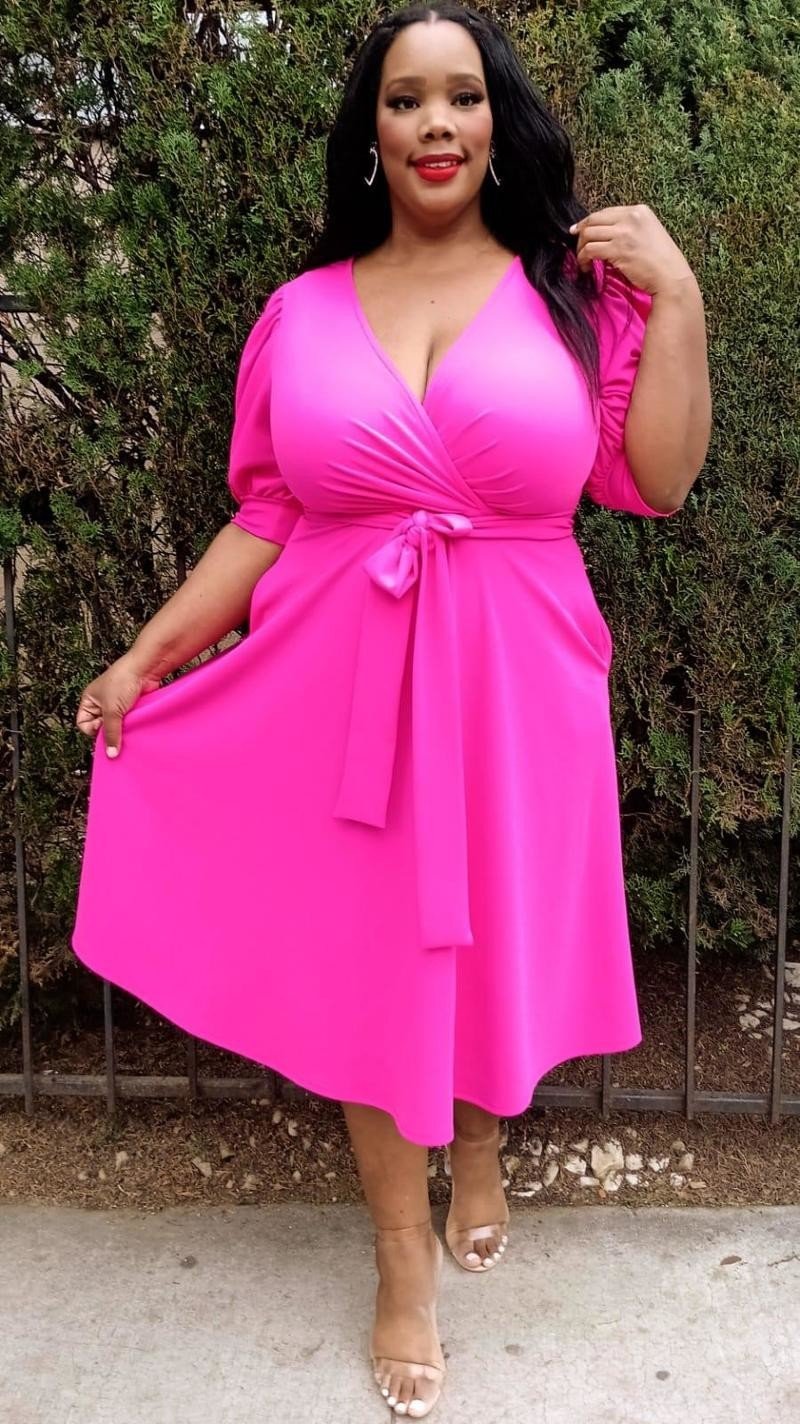 Hi Curvy  Plus Size Women Wrap Midi Dresses with Pockets and belt