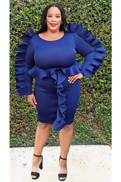 2931 Plus Size Long Sleeves Round Neck Ruffle Around Meddle Dress