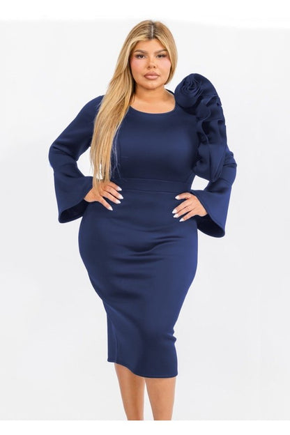 Plus Size Bell Sleeves Ruffed Shoulder with Flower Detail Bodycon Dress