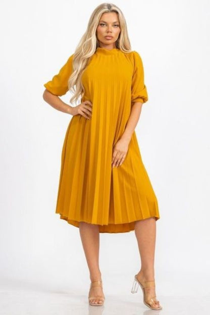 2939 Women Chic  Mock Neck Short Sleeves Crepe Plates Midi Flare Dress