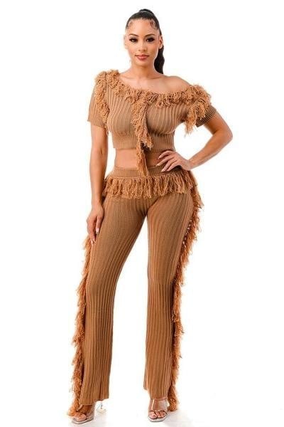 Women Fringe Detail Chic Tank Top and Pants Two Piece Sets