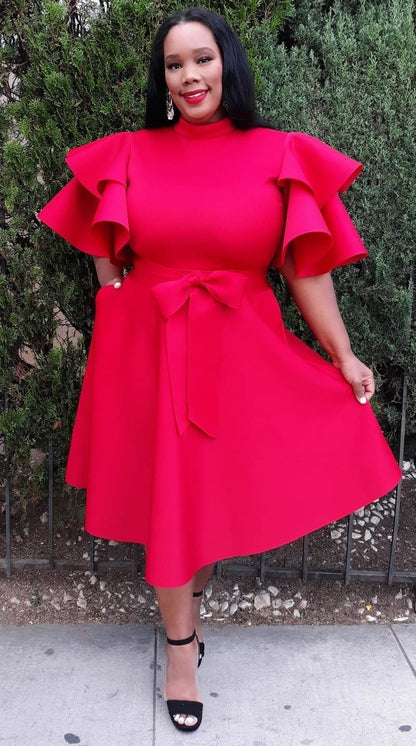 2862 Plus Size Extravagant Fit and Flare Midi Dress With Belt