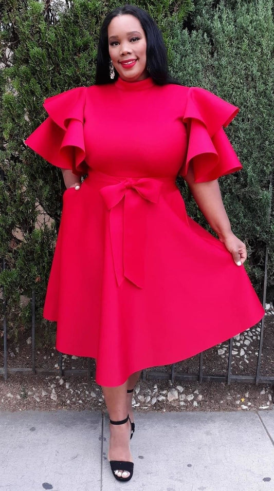 2862 Plus Size Extravagant Fit and Flare Midi Dress With Belt