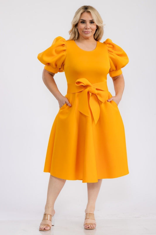 Plus Size Puffy sleeves Flare Knee Dresses With Pockets