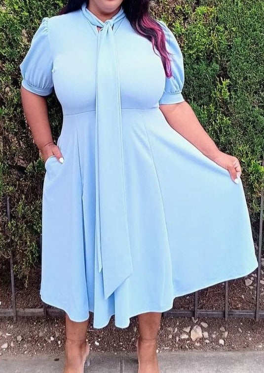 Hi Curvy Plus Size Bow Collar Fit & Flare Midi Dress