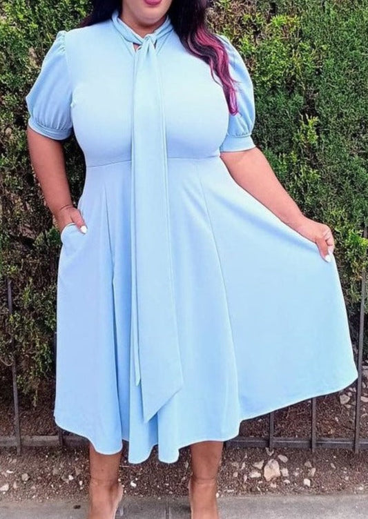 Hi Curvy Plus Size Bow Collar Fit & Flare Midi Dress