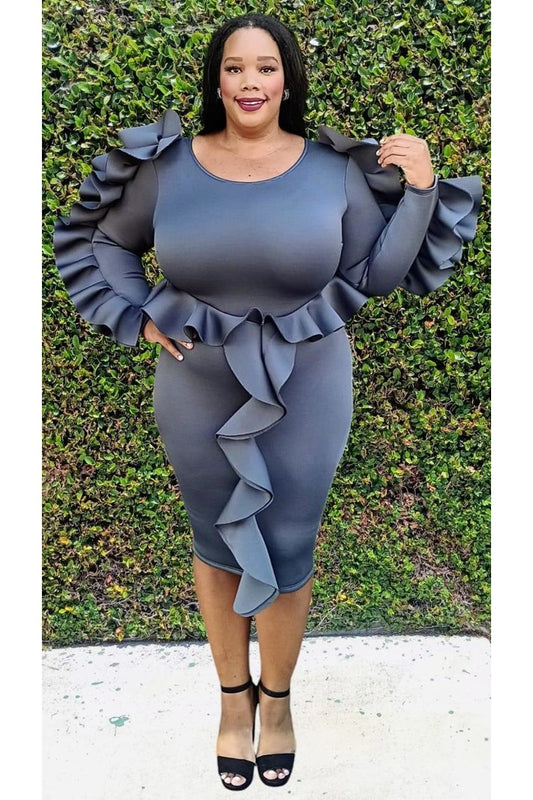 2931 Plus Size Long Sleeves Round Neck Ruffle Around Meddle Dress