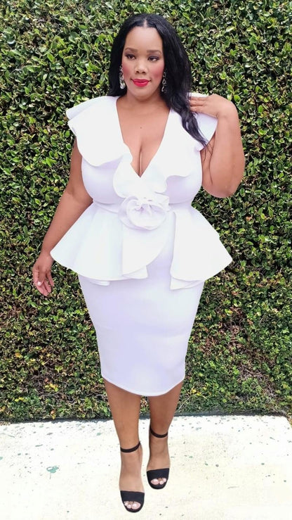 2899 Plus Size Ruffed Hem Wrap Front Flower Design Peplum Dress