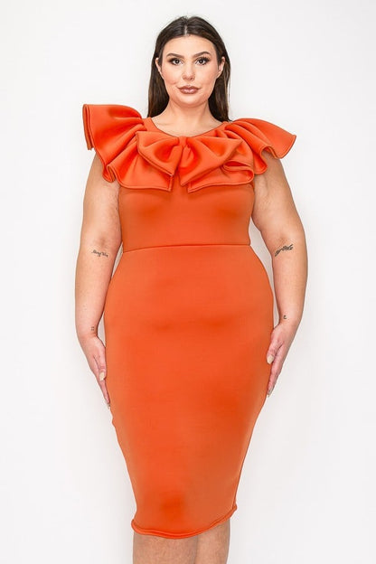 Plus Size Ruffled Neck Detail Sleeveless Midi Bodycon Dress