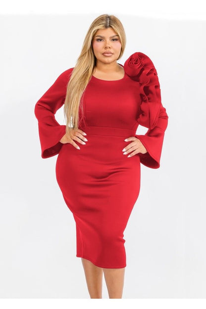 Plus Size Bell Sleeves Ruffed Shoulder with Flower Detail Bodycon Dress