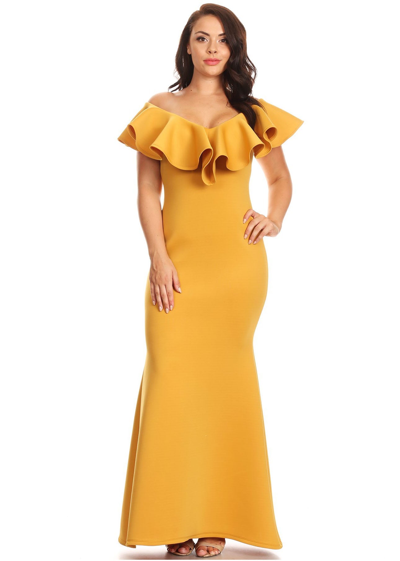 Plus Size Women  Ruffle Hem V-neck Mermaid Maxi Dress