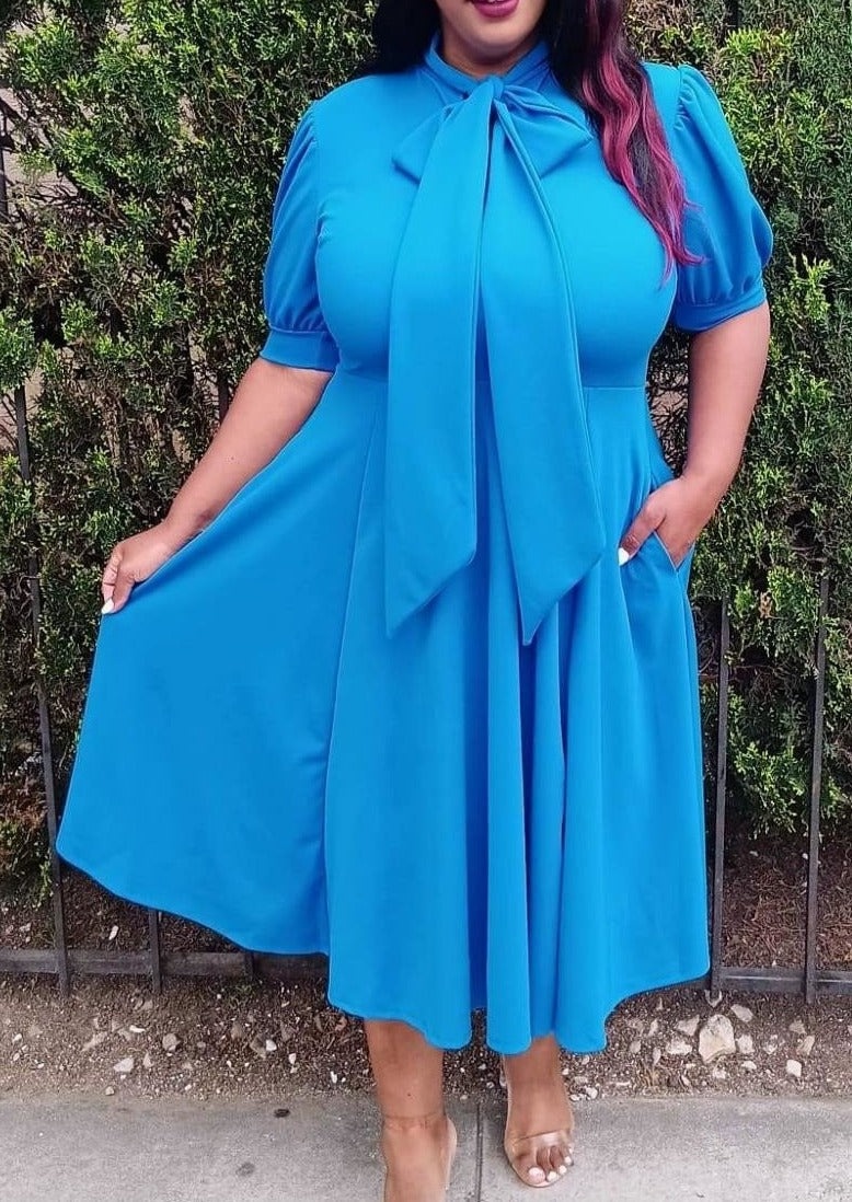 Plus Size Women Bow Collar Fit & Flare Midi Dress