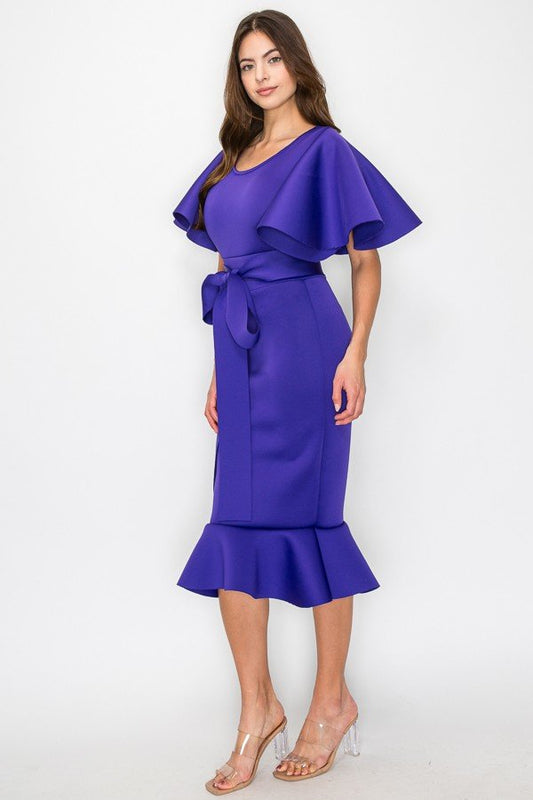 Women Chic Fluffy Sleeves Ruffled Bottom Trim With Belt Fit  Midi Dress