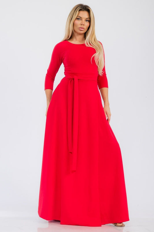 2072 REG Women 3/4 Length Sleeve Effortless Fit & Flare Maxi Dress with Waist Tie Pockets