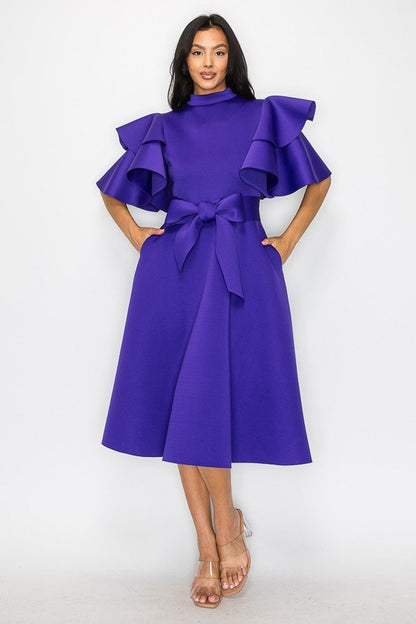 2898 Women Double layer Ruffled Sleeves Flare Midi Dress with Pockets and Belt