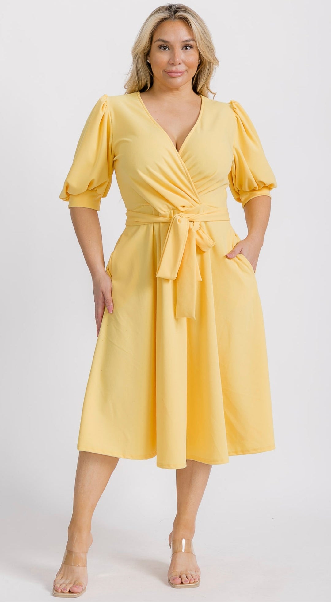 2829 Plus Size Women Wrap Midi Dresses with Pockets and belt