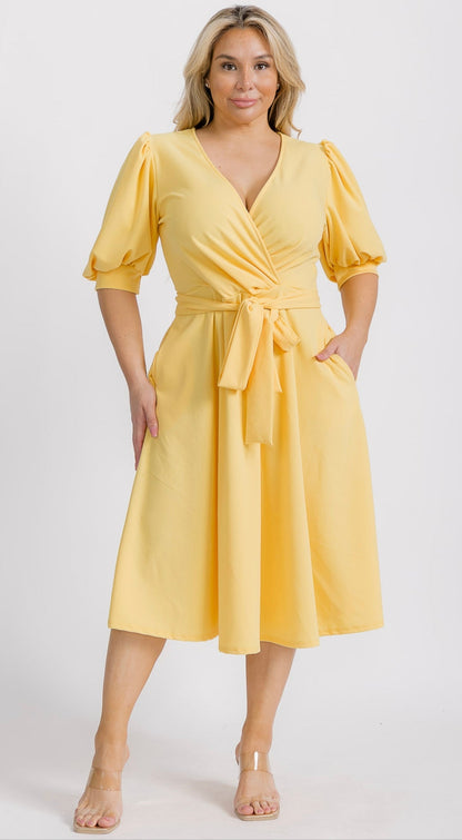 2829 Plus Size Women Wrap Midi Dresses with Pockets and belt