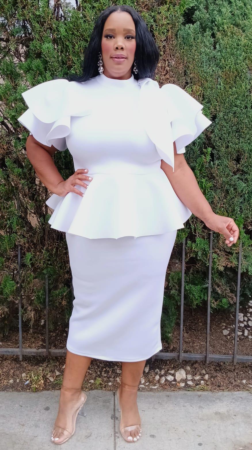 2828 Plus Size Women Bow Shoulder Ruffle Hem Top and Skirt Set