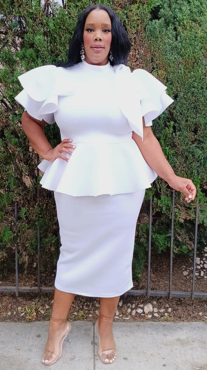 2828 Plus Size Women Bow Shoulder Ruffle Hem Top and Skirt Set