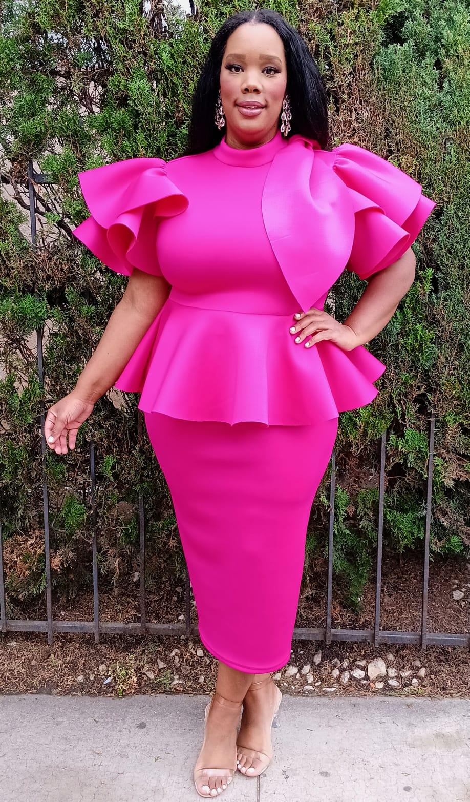 2828 Plus Size Women Bow Shoulder Ruffle Hem Top and Skirt Set