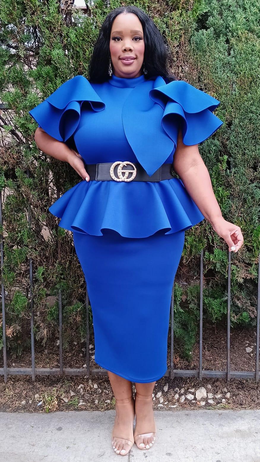 2828 Plus Size Women Bow Shoulder Ruffle Hem Top and Skirt Set