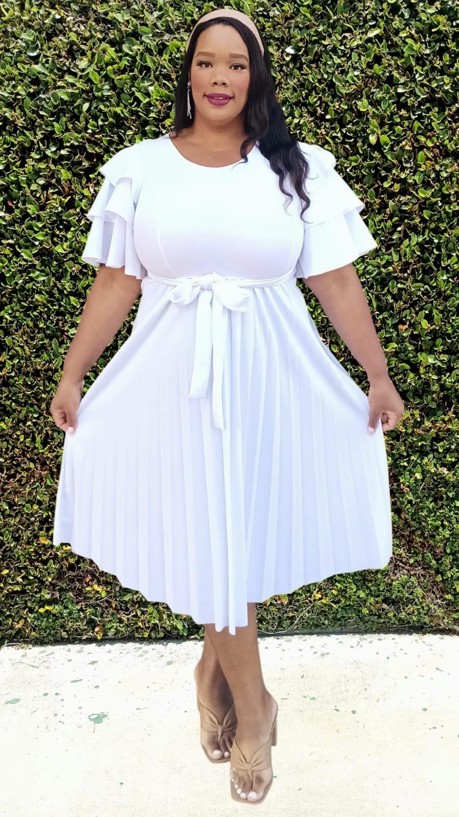 2977 Plus Size double Ruffled Sleeves Pleated Flare Midi Dresses