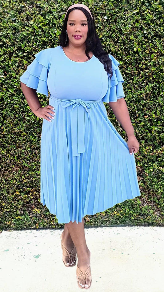2977 Plus Size double Ruffled Sleeves Pleated Flare Midi Dresses