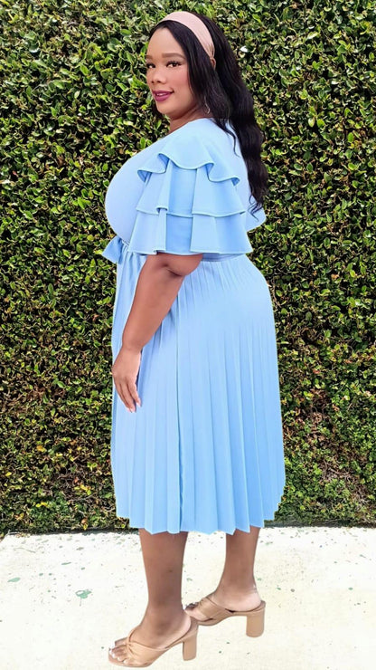 2977 Plus Size double Ruffled Sleeves Pleated Flare Midi Dresses