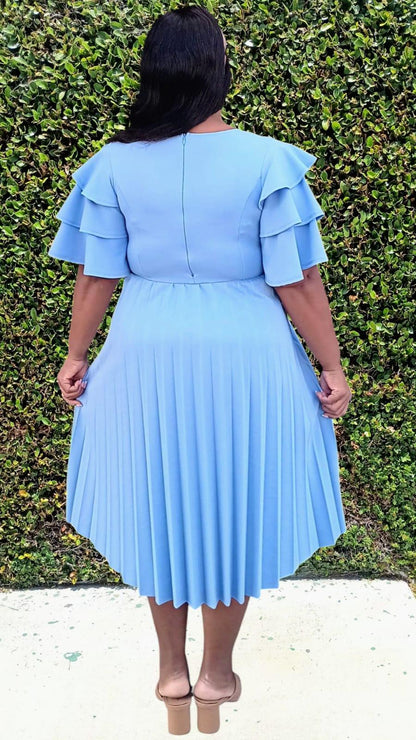 2977 Plus Size double Ruffled Sleeves Pleated Flare Midi Dresses