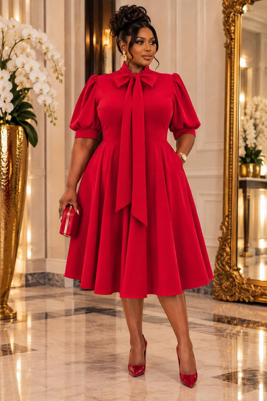 2852SO Plus Size Women Bow Collar Fit & Flare Midi Dress