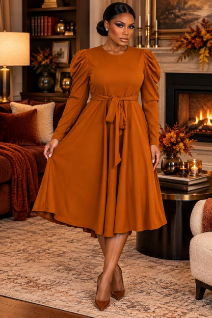 2959SO Smocked Cuff Raglan Sleeves Flare Midi Plated Dresses with Drawstring Waist