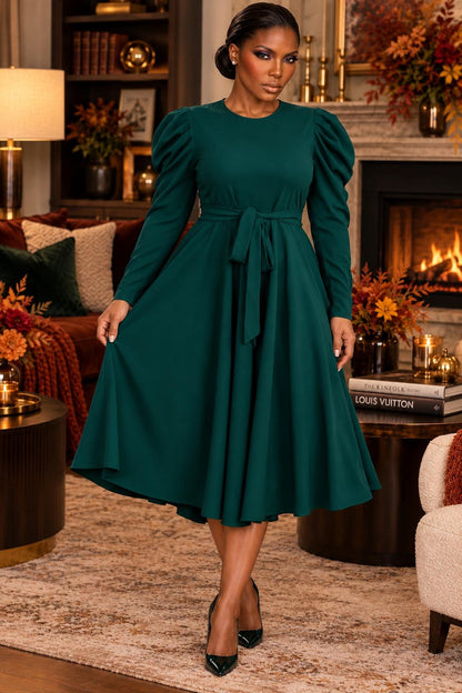 2959SO Smocked Cuff Raglan Sleeves Flare Midi Plated Dresses with Drawstring Waist