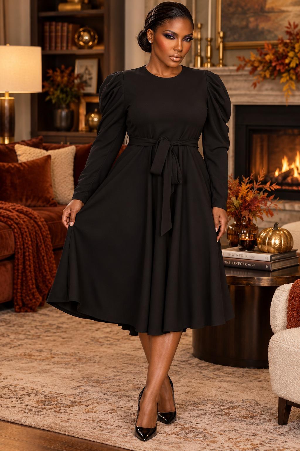2959SO Smocked Cuff Raglan Sleeves Flare Midi Plated Dresses with Drawstring Waist