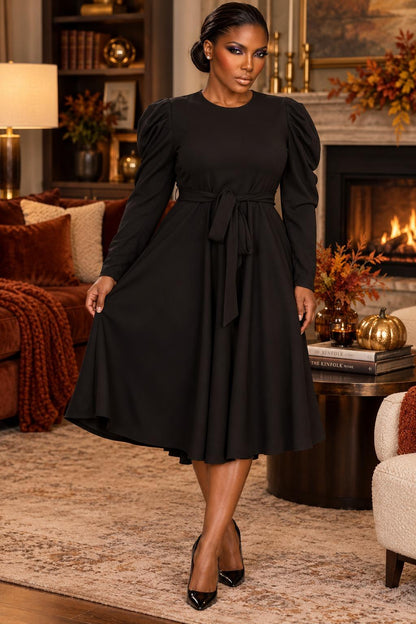 2959SO Smocked Cuff Raglan Sleeves Flare Midi Plated Dresses with Drawstring Waist